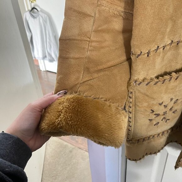 Vintage Womens Tan 100% Leather Faux Fur Trim Patchwork Penny Lane Coat Large - Picture 4 of 8